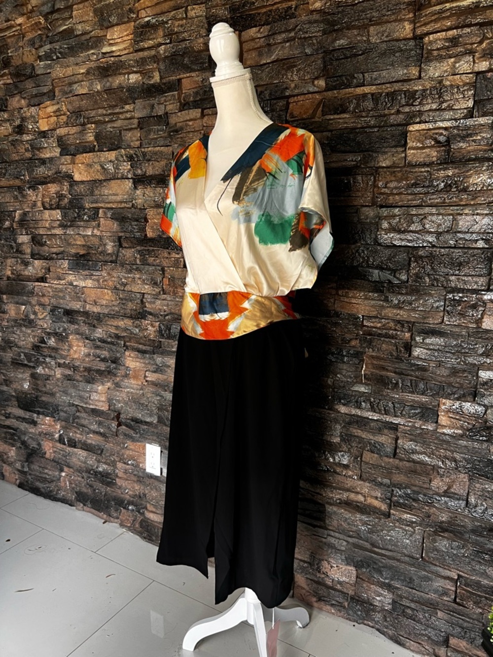 Abstract-Print Wrap Midi Dress in Black and Cream